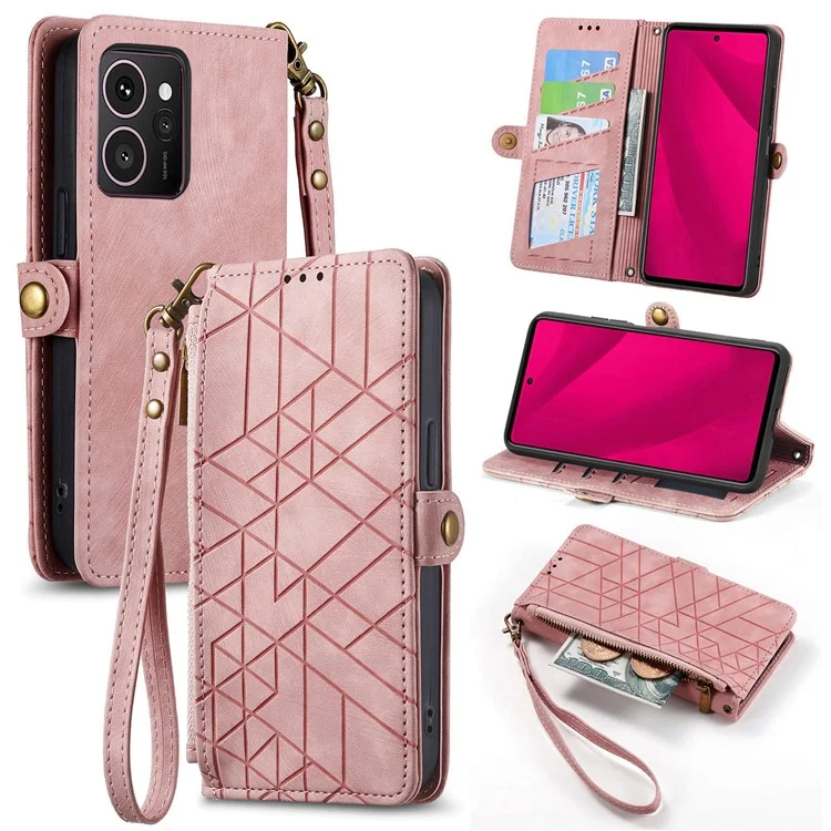 Funda tipo billetera con cremallera Skyline de HMD, diseño de líneas geométricas, cubierta de teléfono de cuero - Rosa