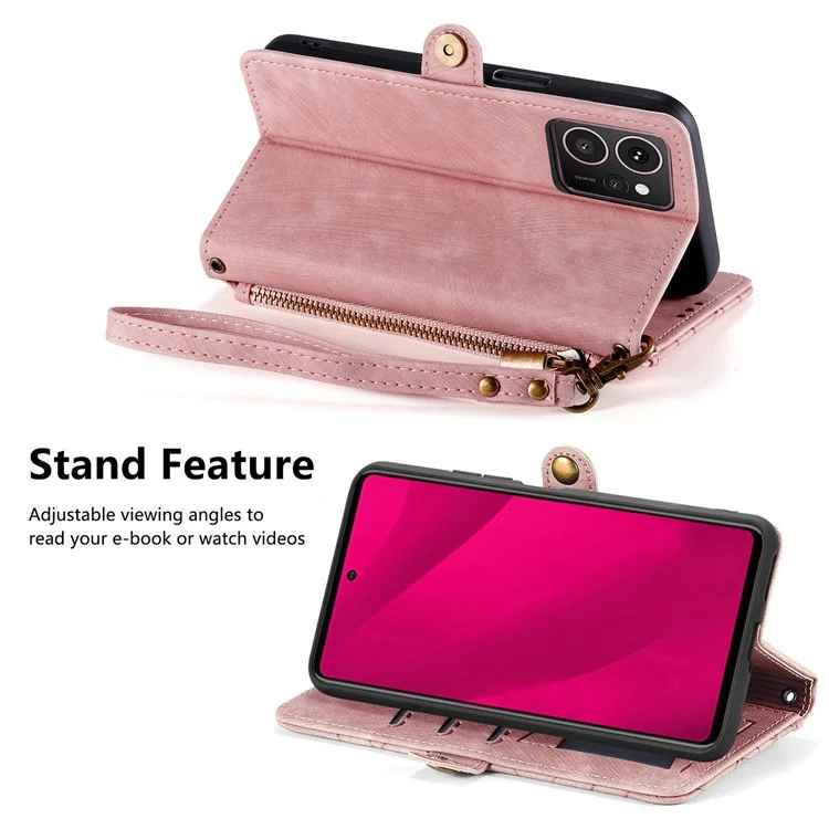 Funda tipo billetera con cremallera Skyline de HMD, diseño de líneas geométricas, cubierta de teléfono de cuero - Rosa