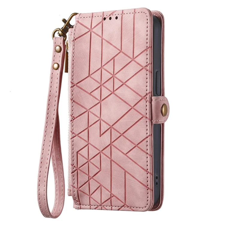 Funda tipo billetera con cremallera Skyline de HMD, diseño de líneas geométricas, cubierta de teléfono de cuero - Rosa
