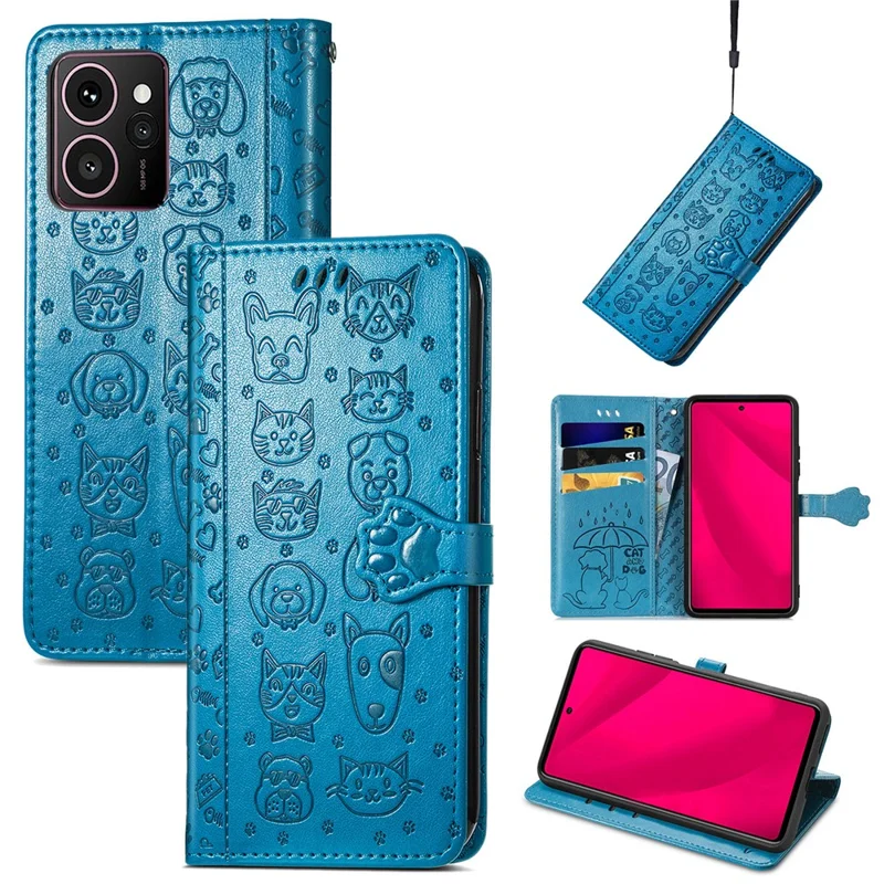 For HMD Skyline Case Leather Wallet Flip Phone Cover Cute Cat Dog Pattern - Blue