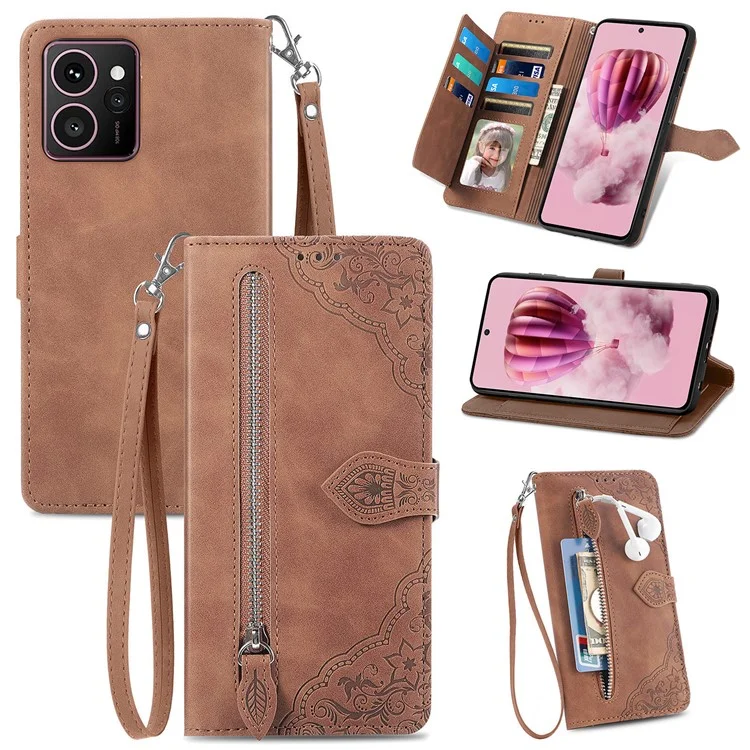 Étui portefeuille à fermeture éclair Skyline pour HMD, en cuir PU avec motif floral - Marron