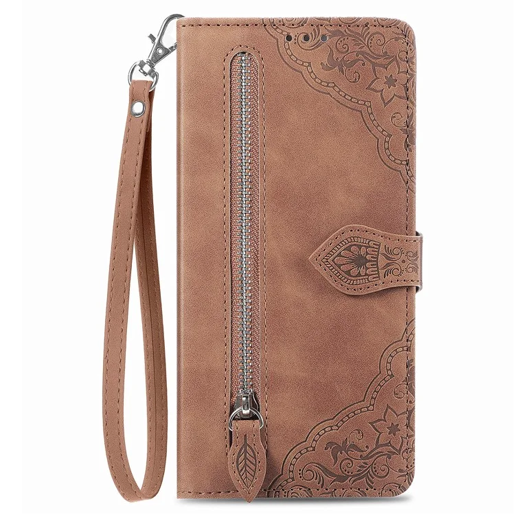 Étui portefeuille à fermeture éclair Skyline pour HMD, en cuir PU avec motif floral - Marron
