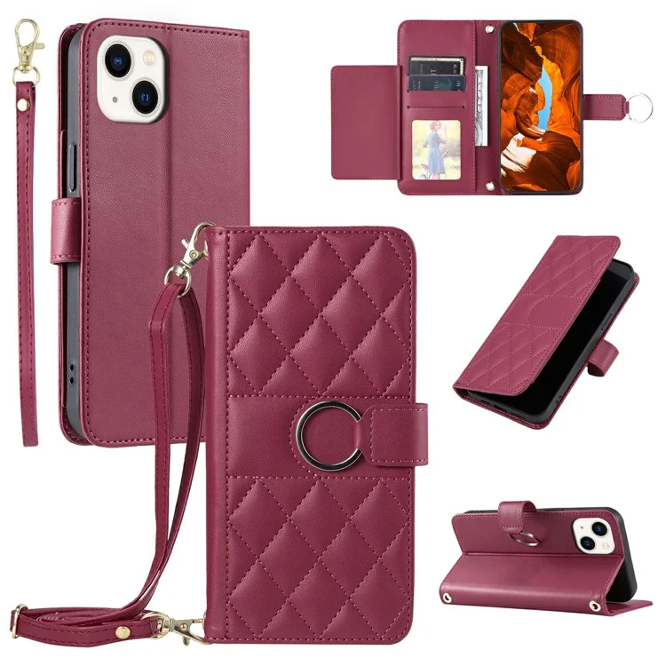 For iPhone 15 Crossbody Leather Case Ring Buckle Wallet Stand Rhombus Mobile Cover - Red