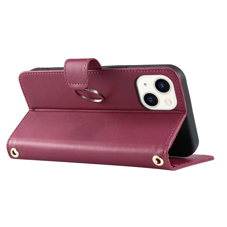 For iPhone 15 Crossbody Leather Case Ring Buckle Wallet Stand Rhombus Mobile Cover - Red