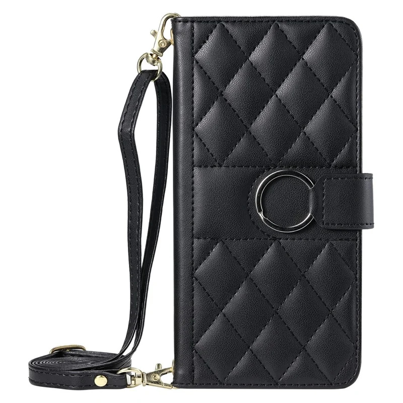 For iPhone 15 Pro Crossbody Leather Case Ring Buckle Wallet Stand Rhombus Mobile Cover - Black