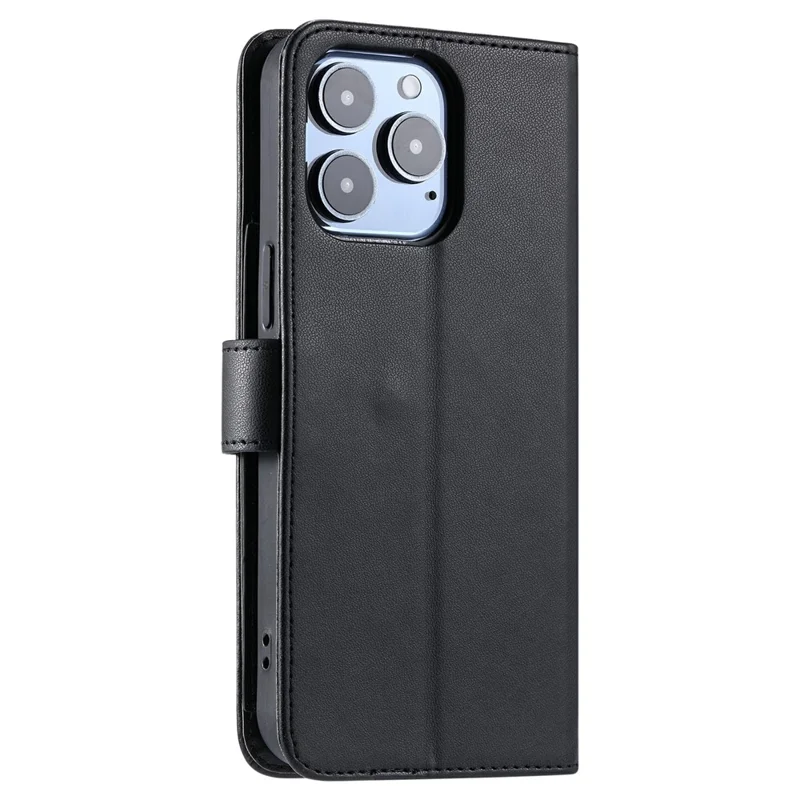 For iPhone 15 Pro Crossbody Leather Case Ring Buckle Wallet Stand Rhombus Mobile Cover - Black