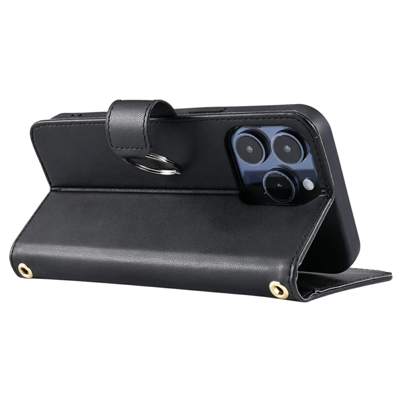 For iPhone 15 Pro Crossbody Leather Case Ring Buckle Wallet Stand Rhombus Mobile Cover - Black