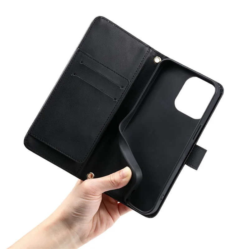 For iPhone 15 Pro Crossbody Leather Case Ring Buckle Wallet Stand Rhombus Mobile Cover - Black