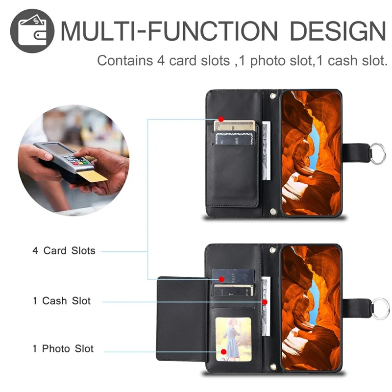 For iPhone 15 Pro Crossbody Leather Case Ring Buckle Wallet Stand Rhombus Mobile Cover - Black