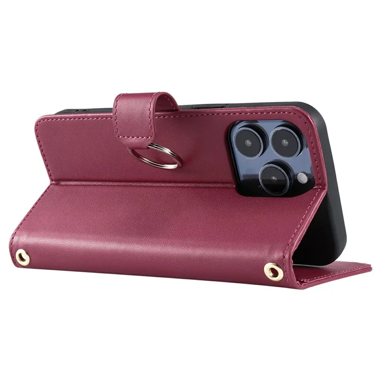 Capa de couro com alça transversal, fivela e suporte para iPhone 15 Pro Max - Vermelho
