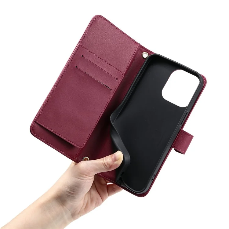 Capa de couro com alça transversal, fivela e suporte para iPhone 15 Pro Max - Vermelho