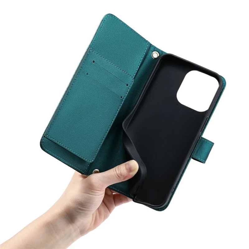 For iPhone 15 Pro Max Crossbody Leather Case Ring Buckle Wallet Stand Rhombus Mobile Cover - Green