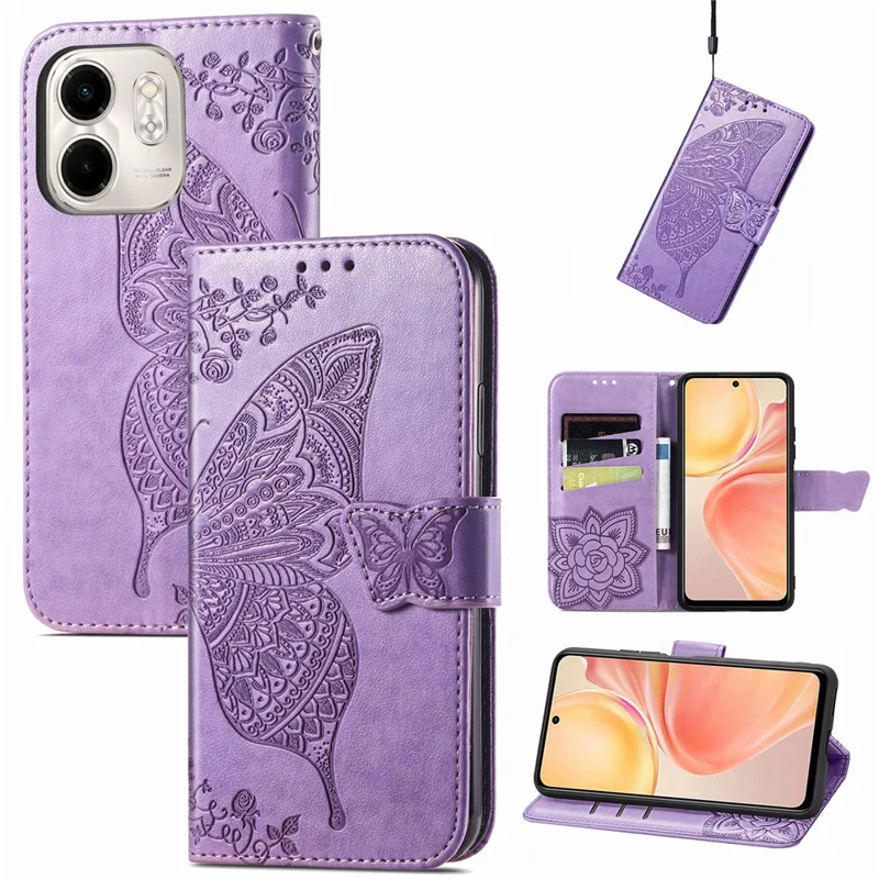 For Infinix Smart 9 4G Case PU Leather Wallet Phone Cover Butterfly Pattern - Light Purple
