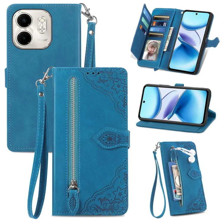For Infinix Smart 9 4G Zipper Wallet Case with Strap Flower Imprint PU Leather Phone Cover - Blue