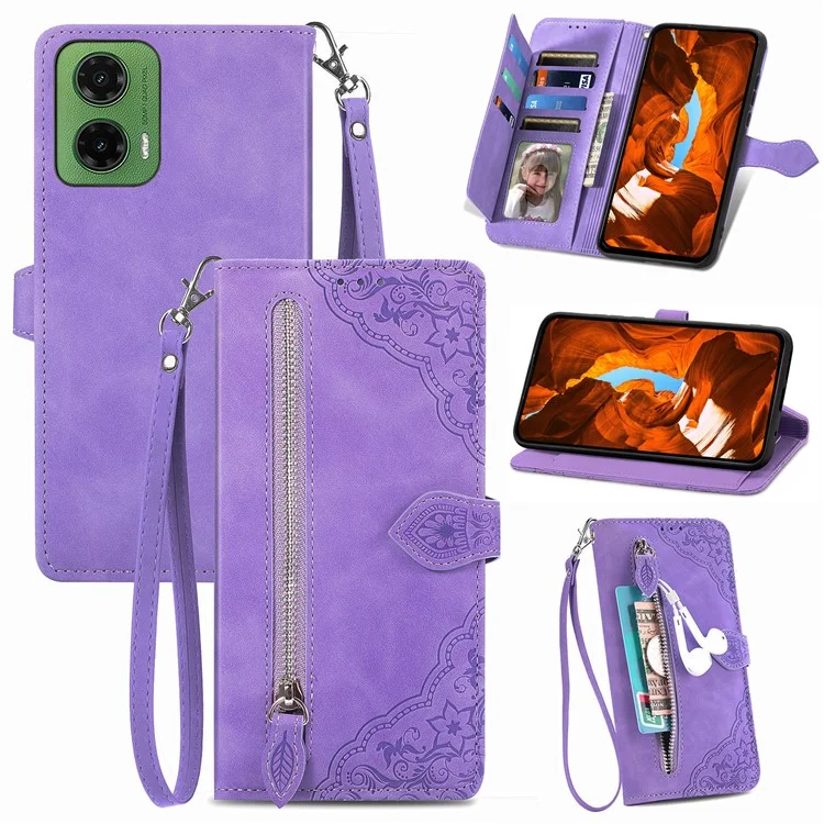 For Motorola Moto G35 5G Case Zipper Wallet PU Leather Flower Imprint Phone Cover - Light Purple