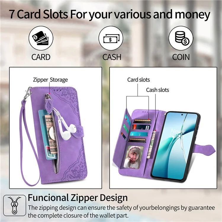 For Motorola Moto G35 5G Case Zipper Wallet PU Leather Flower Imprint Phone Cover - Light Purple