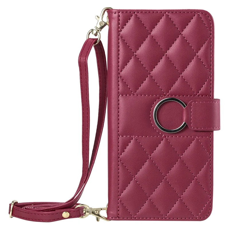 For Samsung Galaxy S23 Ultra Crossbody Leather Case Ring Buckle Wallet Stand Rhombus Mobile Cover - Red