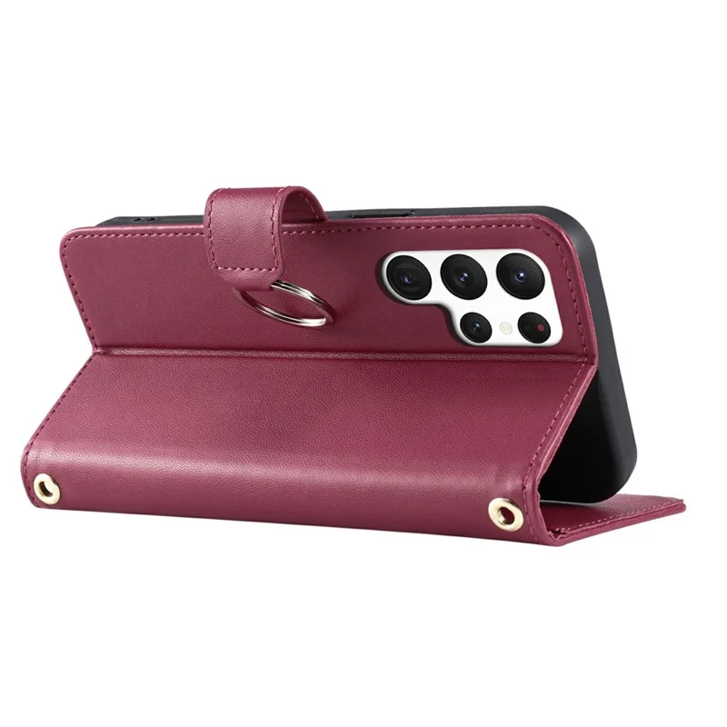 For Samsung Galaxy S23 Ultra Crossbody Leather Case Ring Buckle Wallet Stand Rhombus Mobile Cover - Red