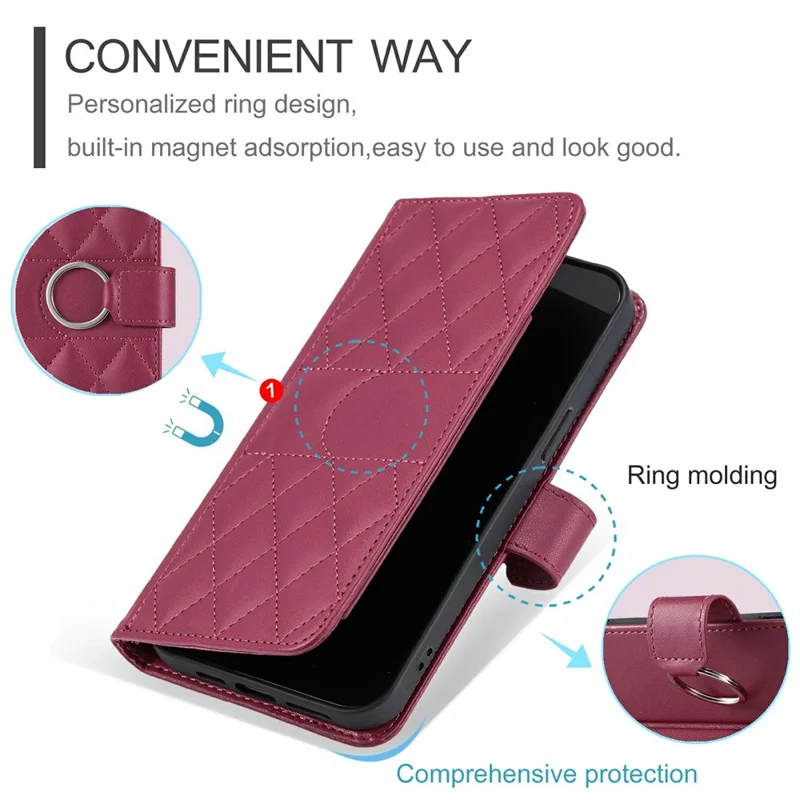 For Samsung Galaxy A15 4G / 5G Crossbody Leather Case Ring Buckle Wallet Stand Rhombus Mobile Cover - Red