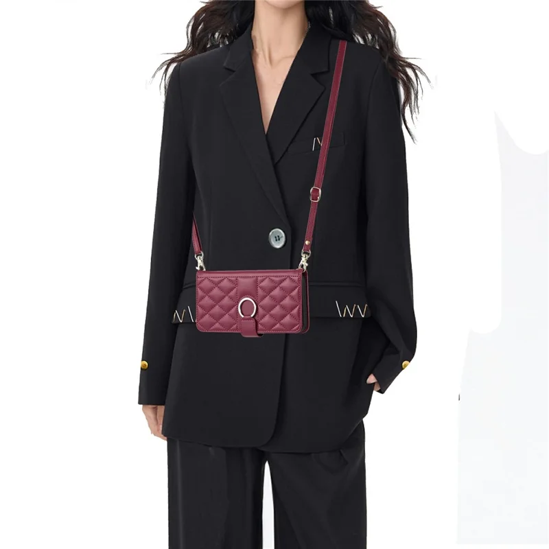 For Samsung Galaxy A15 4G / 5G Crossbody Leather Case Ring Buckle Wallet Stand Rhombus Mobile Cover - Red