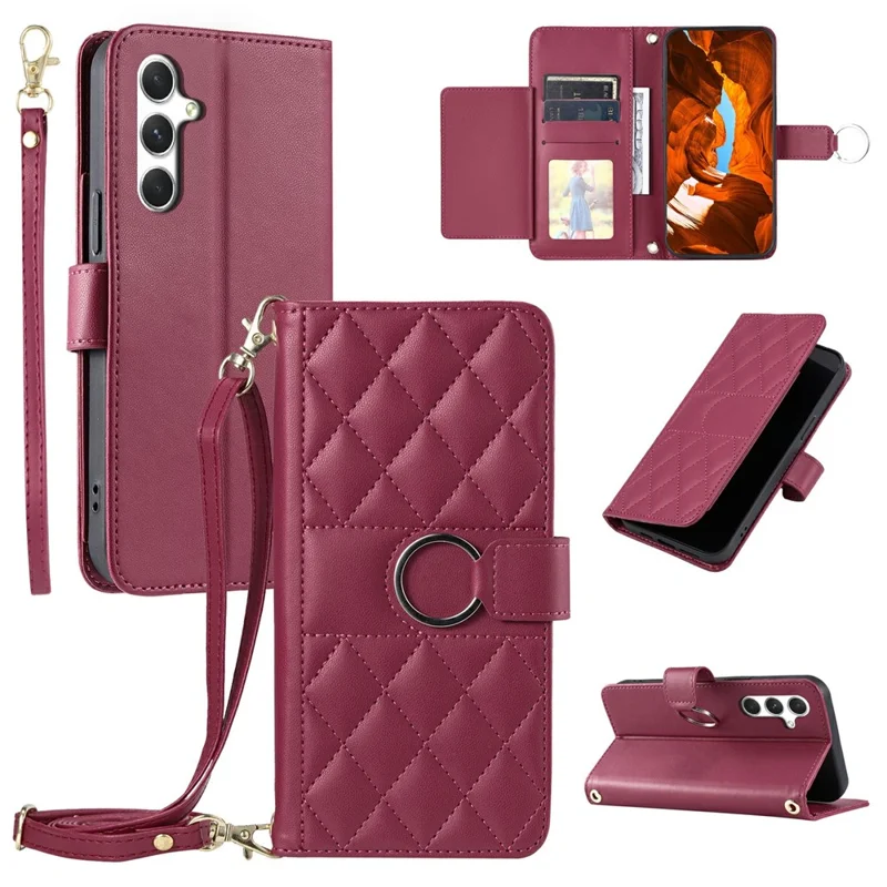 For Samsung Galaxy A35 5G Crossbody Leather Case Ring Buckle Wallet Stand Rhombus Mobile Cover - Red