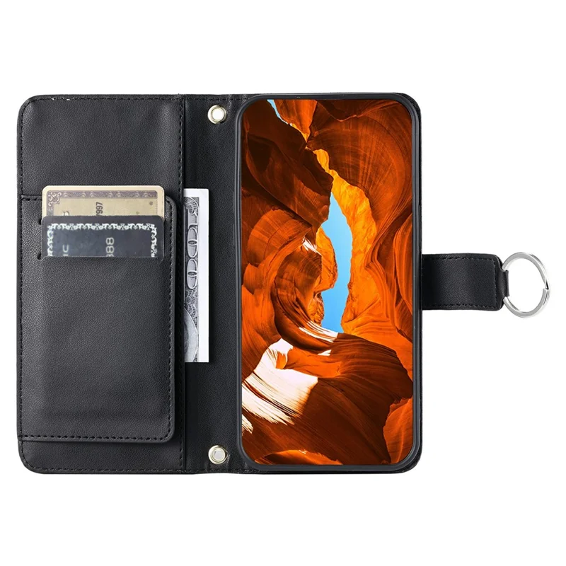 For iPhone 14 / 13 Crossbody Leather Case Ring Buckle Wallet Stand Rhombus Mobile Cover - Black