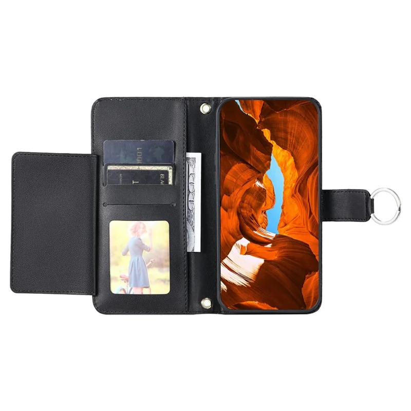 For iPhone 14 / 13 Crossbody Leather Case Ring Buckle Wallet Stand Rhombus Mobile Cover - Black
