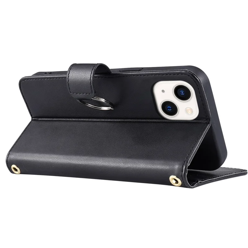 For iPhone 14 / 13 Crossbody Leather Case Ring Buckle Wallet Stand Rhombus Mobile Cover - Black