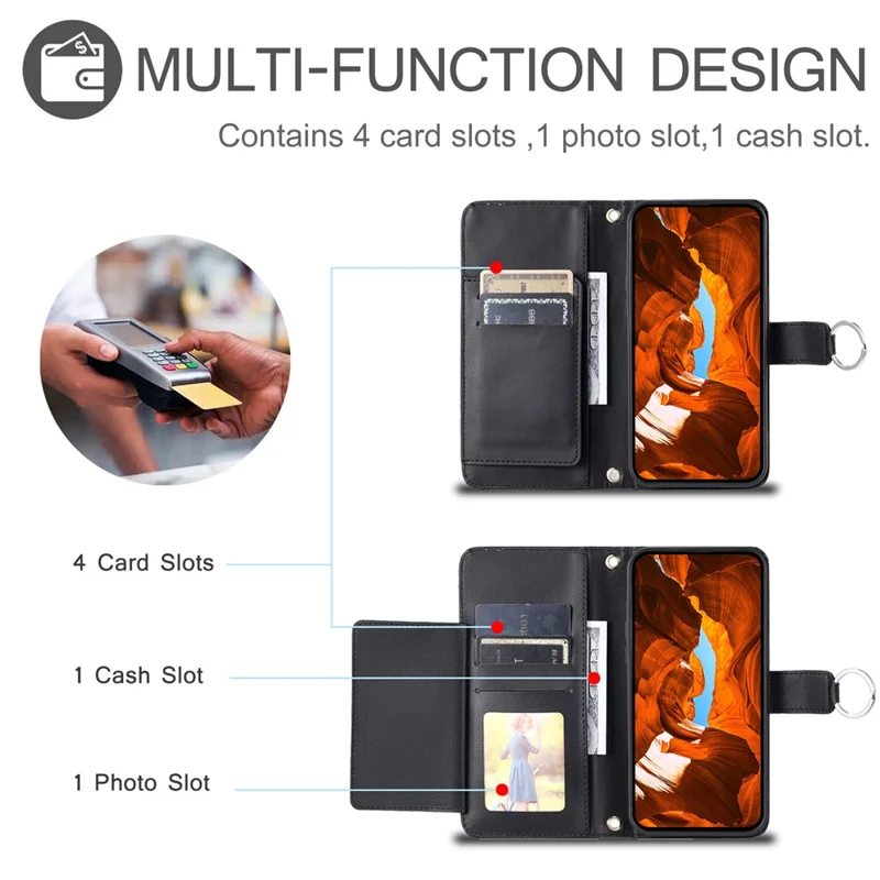 For iPhone 14 / 13 Crossbody Leather Case Ring Buckle Wallet Stand Rhombus Mobile Cover - Black