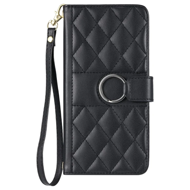 For iPhone 14 / 13 Crossbody Leather Case Ring Buckle Wallet Stand Rhombus Mobile Cover - Black