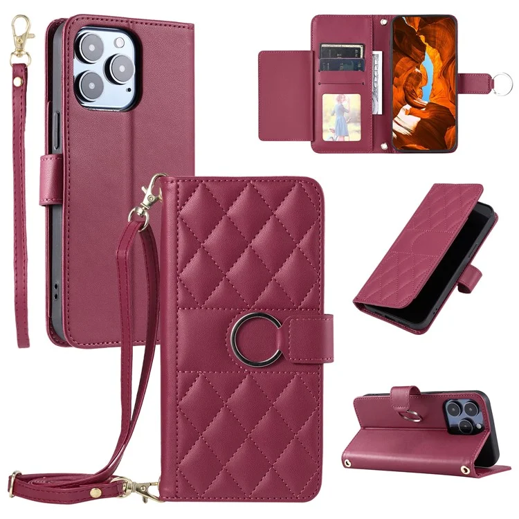 For iPhone 14 Pro Crossbody Leather Case Ring Buckle Wallet Stand Rhombus Mobile Cover - Red