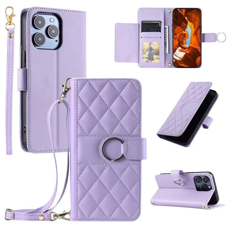 For iPhone 14 Pro Max Crossbody Leather Case Ring Buckle Wallet Stand Rhombus Mobile Cover - Purple