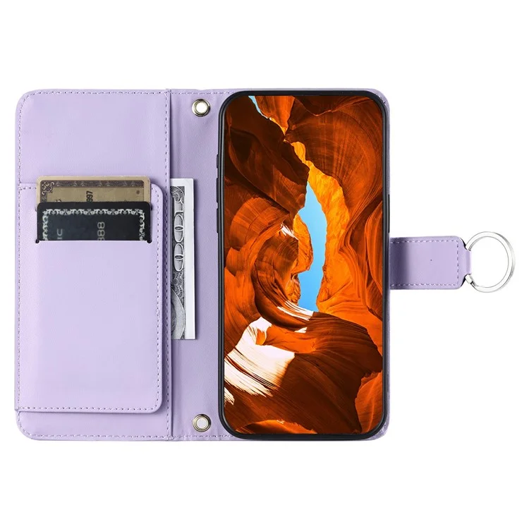 For iPhone 14 Pro Max Crossbody Leather Case Ring Buckle Wallet Stand Rhombus Mobile Cover - Purple