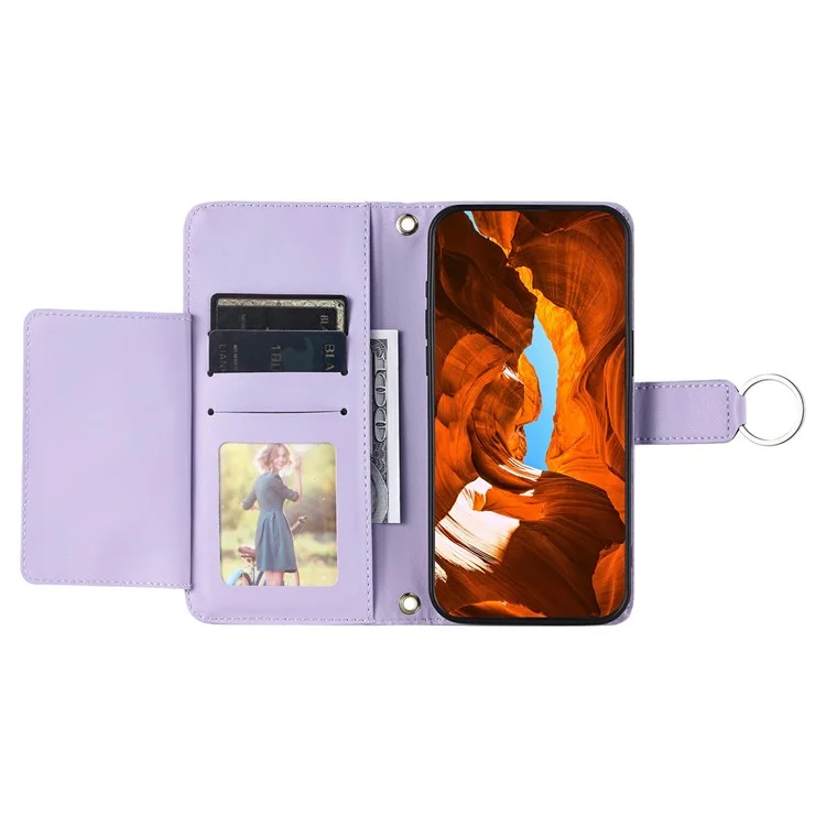 For iPhone 14 Pro Max Crossbody Leather Case Ring Buckle Wallet Stand Rhombus Mobile Cover - Purple