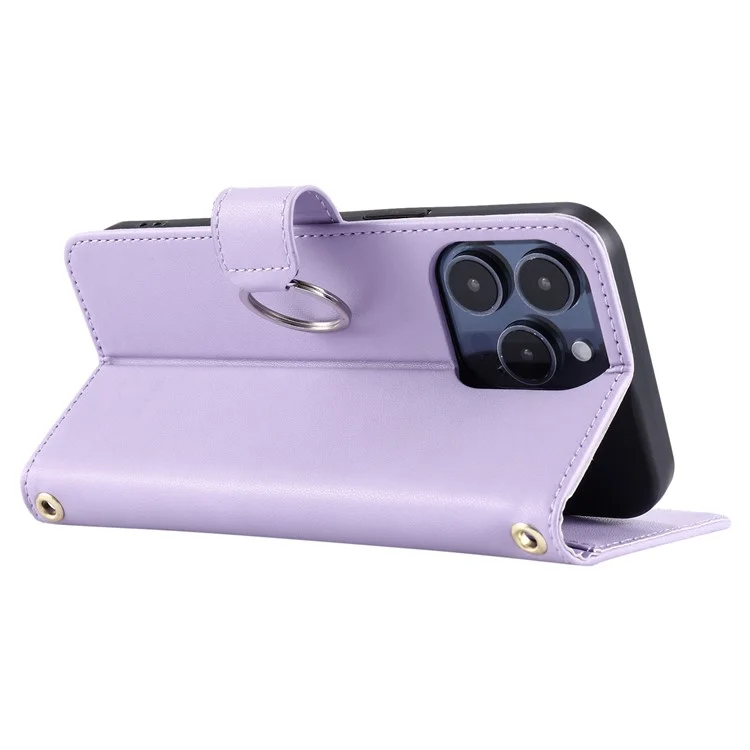 For iPhone 14 Pro Max Crossbody Leather Case Ring Buckle Wallet Stand Rhombus Mobile Cover - Purple