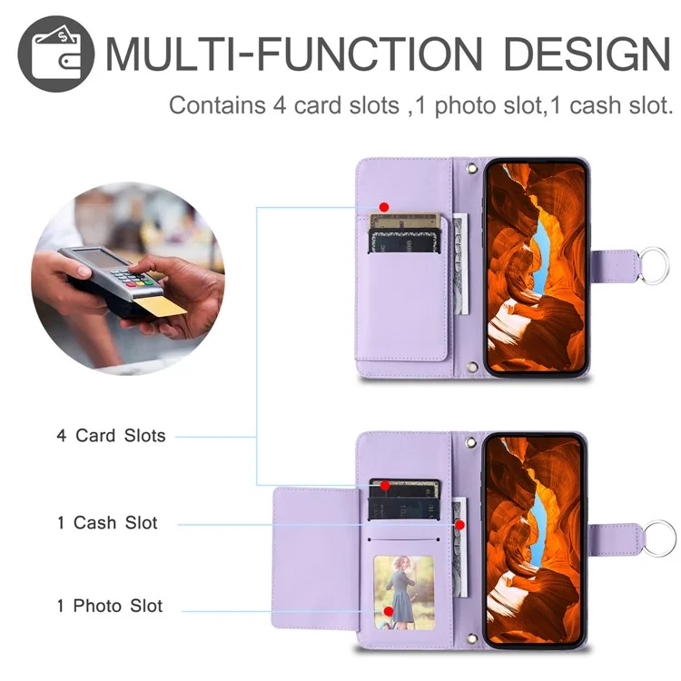 For iPhone 14 Pro Max Crossbody Leather Case Ring Buckle Wallet Stand Rhombus Mobile Cover - Purple