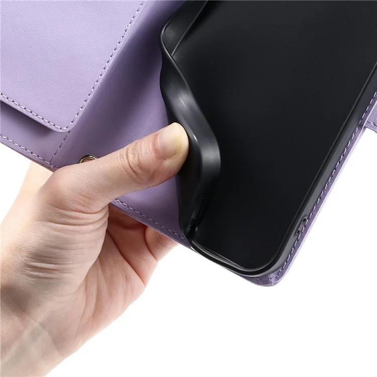For iPhone 14 Pro Max Crossbody Leather Case Ring Buckle Wallet Stand Rhombus Mobile Cover - Purple