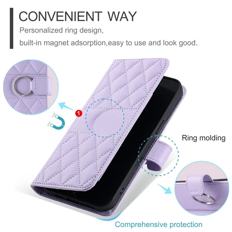 For iPhone 14 Pro Max Crossbody Leather Case Ring Buckle Wallet Stand Rhombus Mobile Cover - Purple