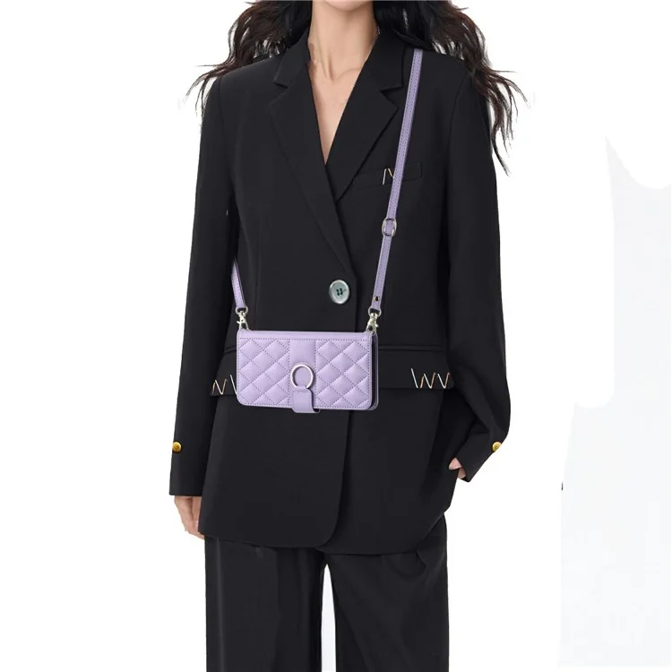 For iPhone 14 Pro Max Crossbody Leather Case Ring Buckle Wallet Stand Rhombus Mobile Cover - Purple