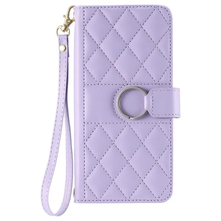For iPhone 14 Pro Max Crossbody Leather Case Ring Buckle Wallet Stand Rhombus Mobile Cover - Purple