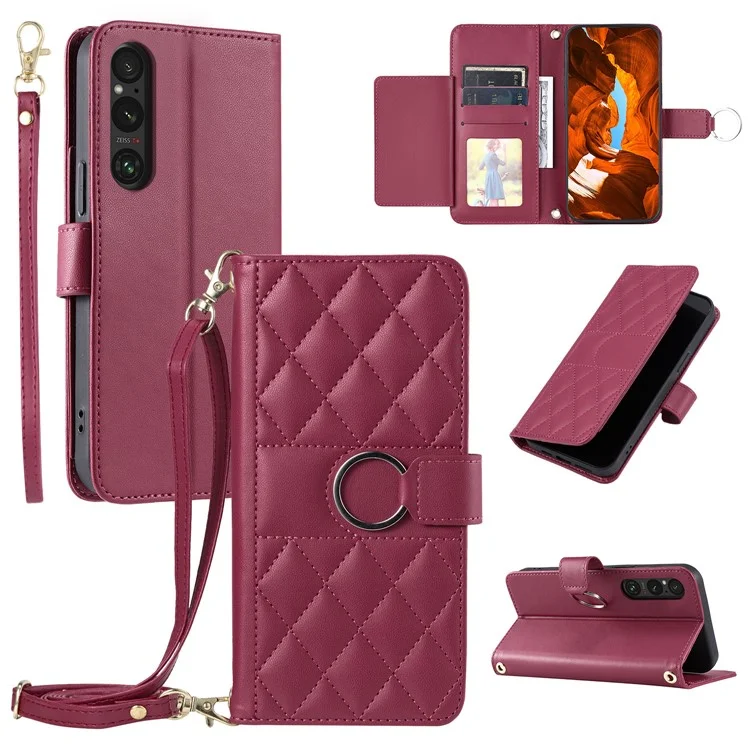 For Sony Xperia 1 VI Crossbody Leather Case Ring Buckle Wallet Stand Rhombus Mobile Cover - Red