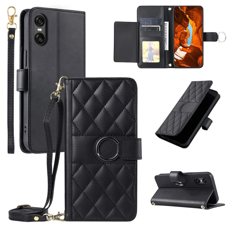 For Sony Xperia 10 VI Crossbody Leather Case Ring Buckle Wallet Stand Rhombus Mobile Cover - Black