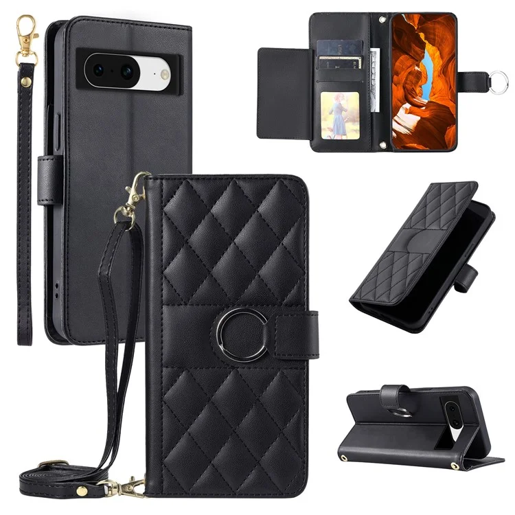 For Google Pixel 8 Crossbody Leather Case Ring Buckle Wallet Stand Rhombus Mobile Cover - Black