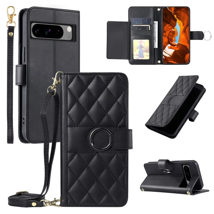 For Google Pixel 8 Pro Crossbody Leather Case Ring Buckle Wallet Stand Rhombus Mobile Cover - Black