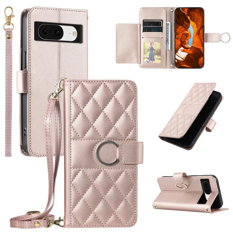 Étui en cuir à bandoulière pour Google Pixel 8a avec boucle anneau, porte-cartes et support - Or rose