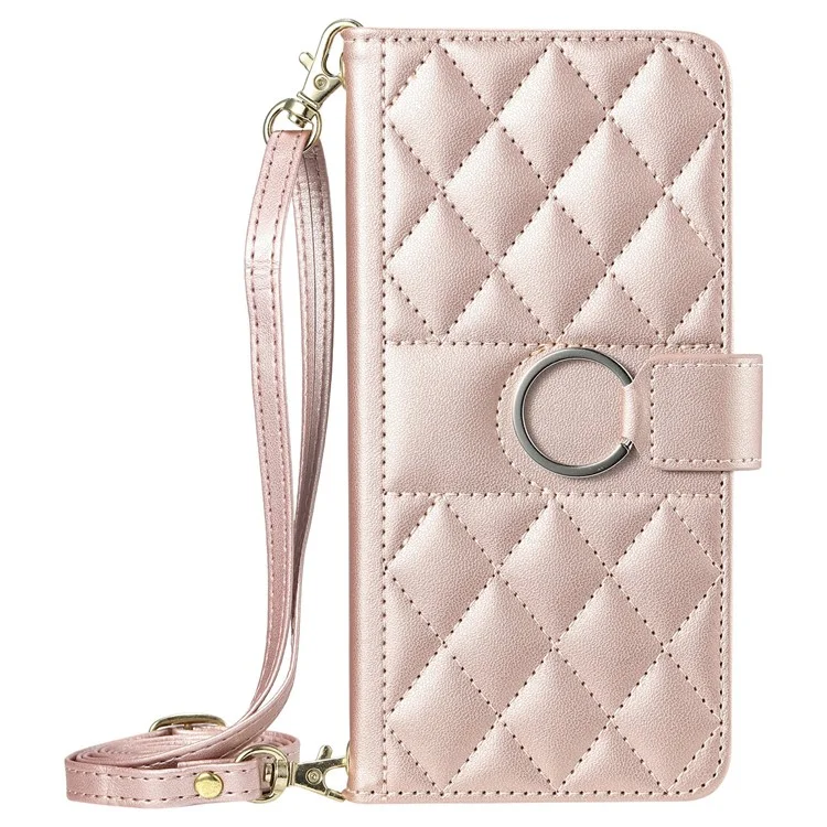 Étui en cuir à bandoulière pour Google Pixel 8a avec boucle anneau, porte-cartes et support - Or rose