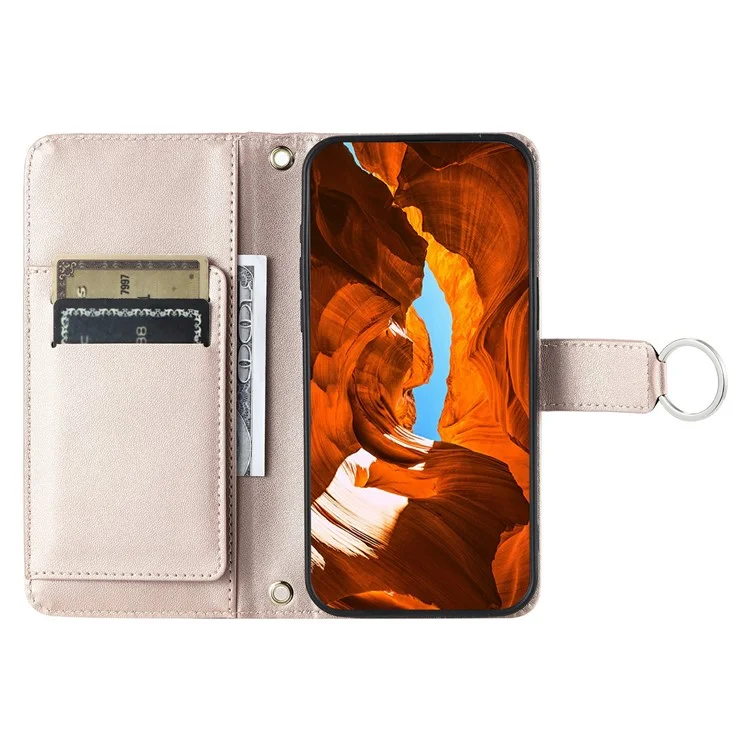 Étui en cuir à bandoulière pour Google Pixel 8a avec boucle anneau, porte-cartes et support - Or rose