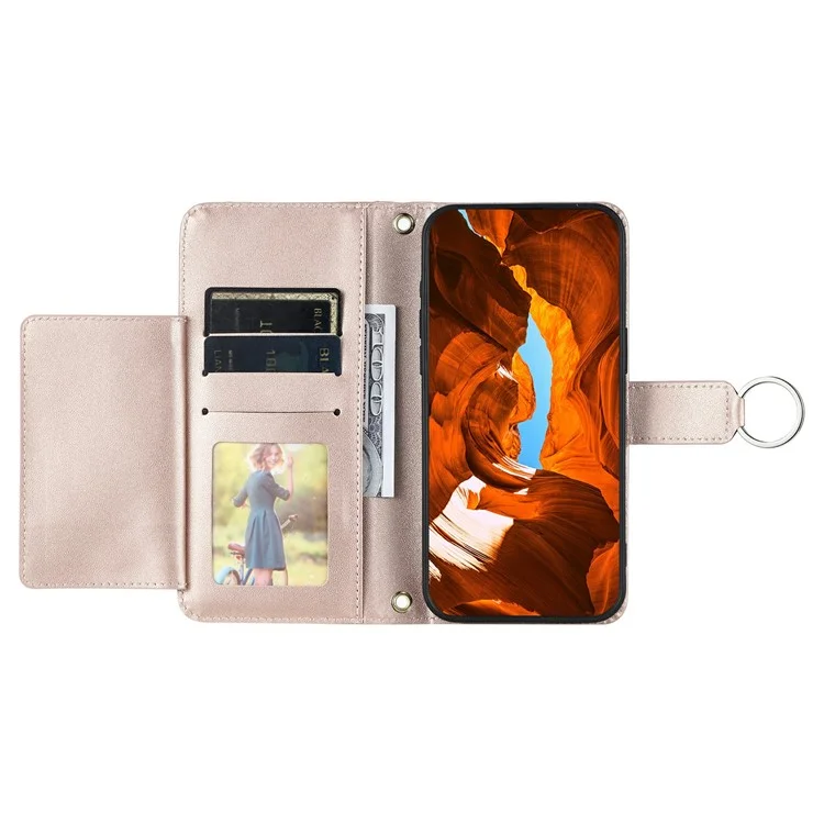 Étui en cuir à bandoulière pour Google Pixel 8a avec boucle anneau, porte-cartes et support - Or rose