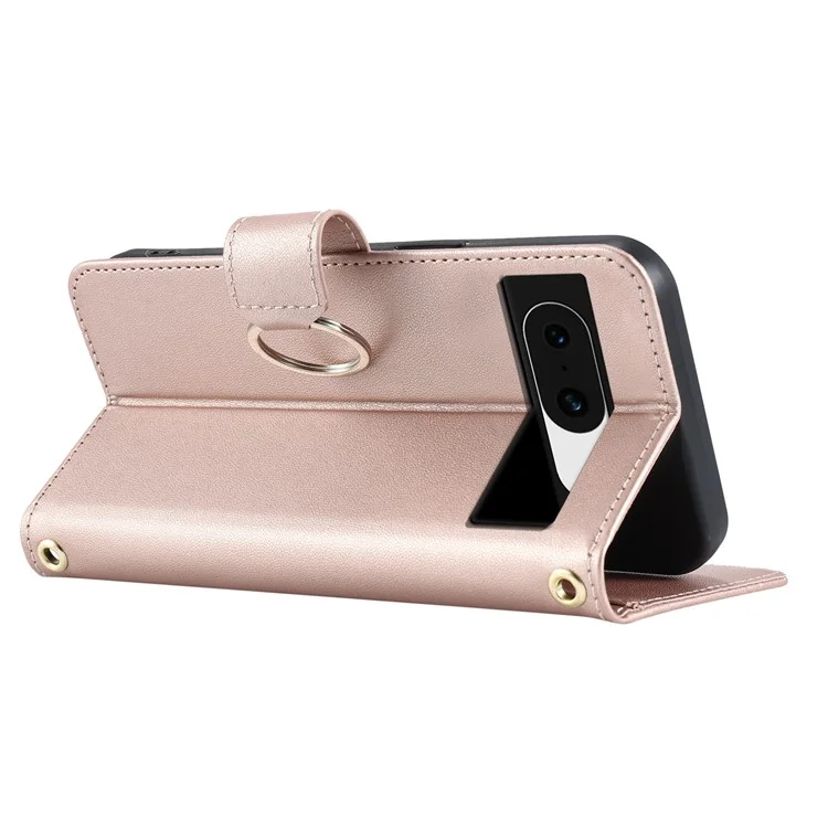 Étui en cuir à bandoulière pour Google Pixel 8a avec boucle anneau, porte-cartes et support - Or rose