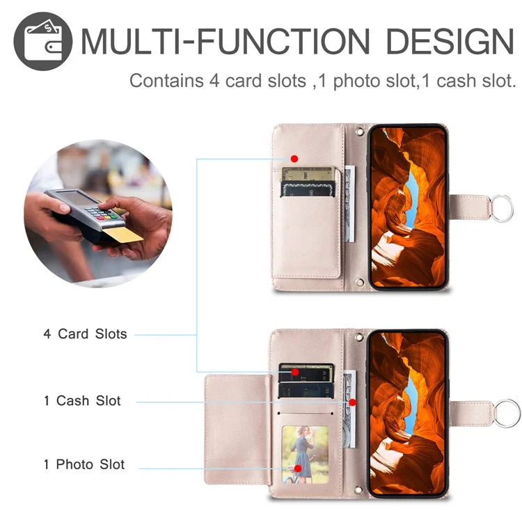 Étui en cuir à bandoulière pour Google Pixel 8a avec boucle anneau, porte-cartes et support - Or rose